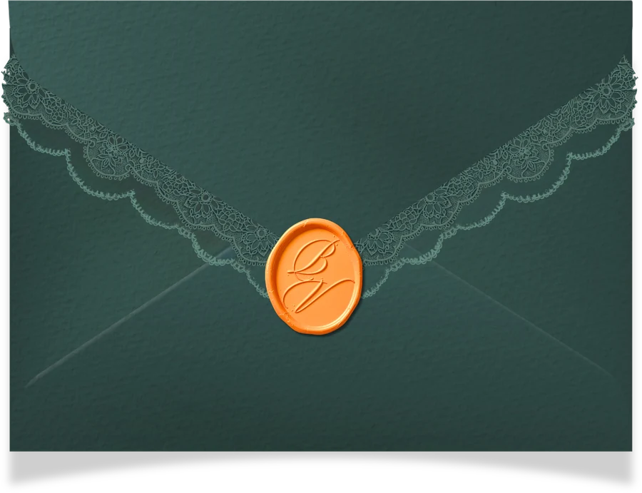A dark green envelope with lace trim, sealed with an orange BV wax seal