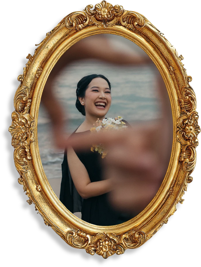 Portrait of Veronika Sinambela in a gold oval frame