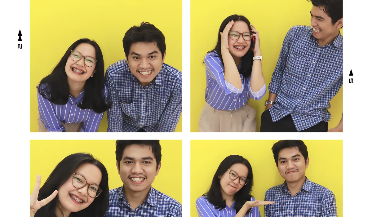Bastian and Vero in a photobox strip, making faces at the camera